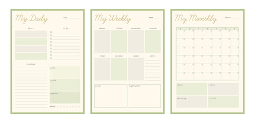 Daily Weekly Monthly planner. (Happiness) Minimalist planner template set. Vector illustration.	