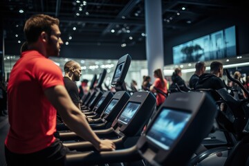 Side view of a man running on a treadmill in a fitness center. Workout and  Strength training theme. Active lifestyle concept.