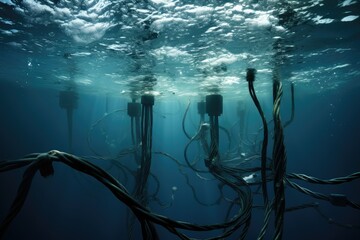 Underwater landscape with electric cables and wires in deep blue sea. submarine communications cable. international underwater Internet cable. telecom and broadband outage. - obrazy, fototapety, plakaty