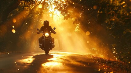 A low angle shot of a single motorcycle cruising down a quiet country lane the golden sunlight filtering through the trees above. - obrazy, fototapety, plakaty