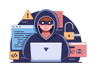 Skilled hacker at work amidst digital coding, security keys, and bank data, symbolizing online threats and the risks of unauthorized access.