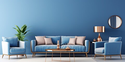 Blue living room interior featuring a copper table flanked by armchairs, a sofa, a mockup, and a...