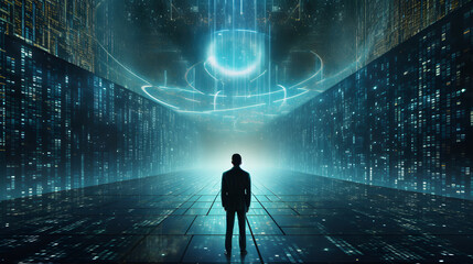 A digital guardian standing tall amidst a sea of binary code, representing the role of artificial intelligence in cybersecurity