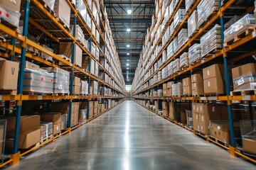 Fototapeta premium a warehouse with high shelves filled with boxes and products. Generative AI