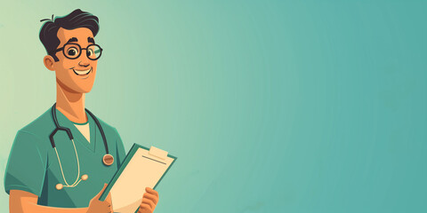 Cheerful cartoon doctor with clipboard