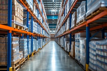 Fototapeta premium a warehouse with high shelves filled with boxes and products. Generative AI