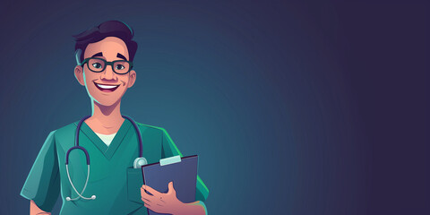 Cheerful cartoon doctor with clipboard