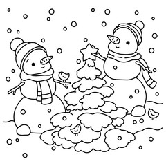 Snowman decorated the Christmas tree. Cute winter scene. Black and white outline vector illustration. Colouring page for kids.
