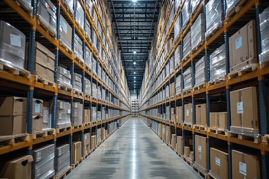 a warehouse with high shelves filled with boxes and products. Generative AI