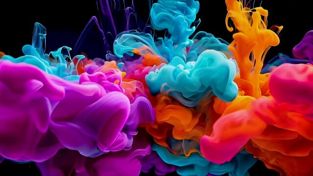 Colorful explosion animation in black background, fluid splash on vibrant purple fume creative texture.