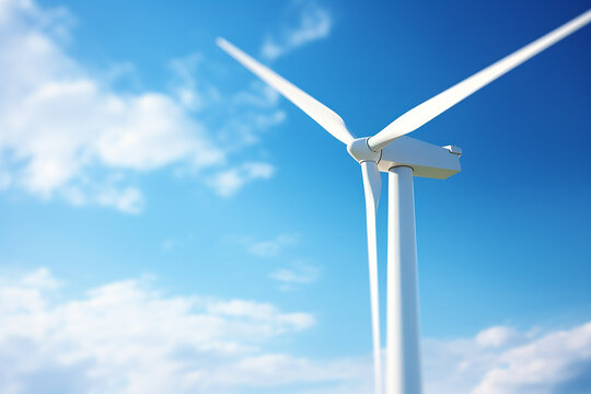 Generative AI Image of White Windmill Wind Turbine Rotating in Blue Sky