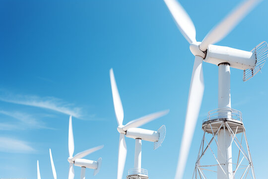 Generative AI Image of White Windmills for Wind Power Generation Rotating in Blue Sky