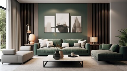 Modern elegant living room interior composition with aesthetic color palette 