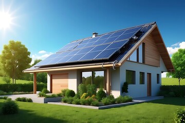 House with solar panels on the roof with sunlight.  Sustainable and clean energy at home.