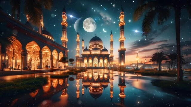 beautiful view of the mosque at night. seamless looping 4K virtual video animation background