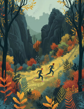 men running on a pathway through a forest and hills