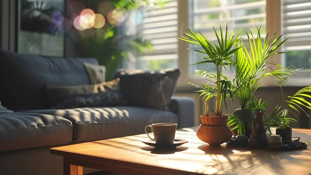 view of a living room with home plants and a cup coffe, seamless looping 4k resolution, animation video background