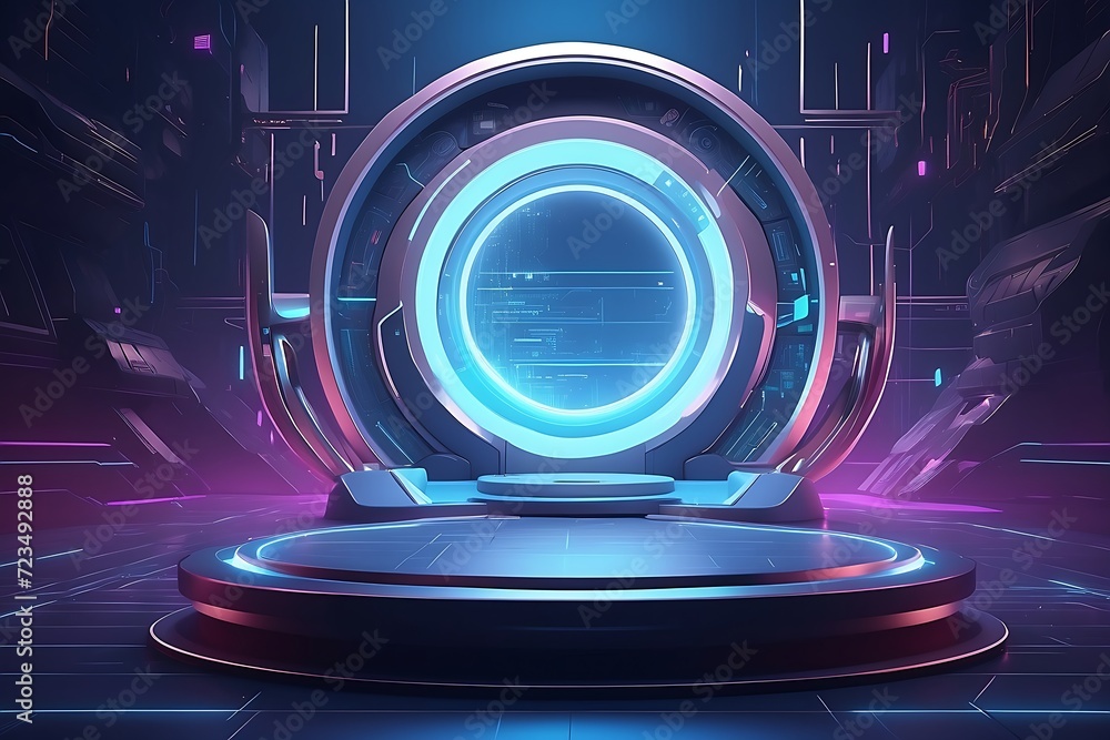 Poster futuristic realistic cylinder pedestal podium in sci-fi abstract room with illuminate circle neon la