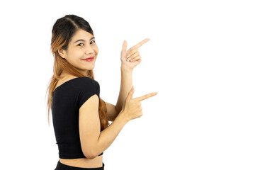 Young asian woman long hair style posing finger pointing for your text copy space isolated on white background.