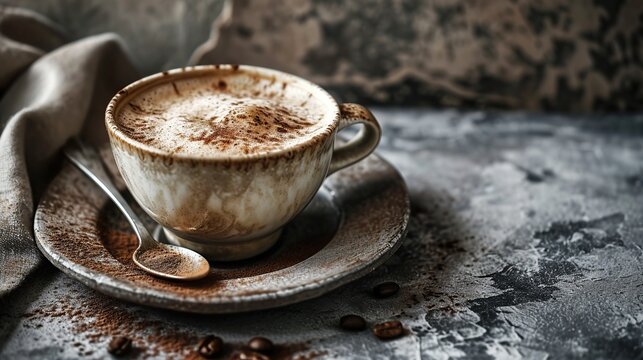 Cup of cappuccino on the table, gray and brown background, copy space for text.