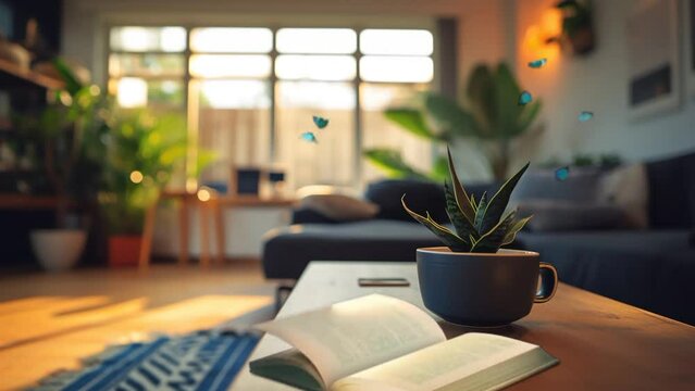 view of a living room with home plants and book, seamless looping 4k resolution, animation video background