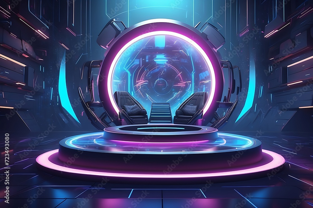 Poster futuristic realistic cylinder pedestal podium in sci-fi abstract room with illuminate circle neon la