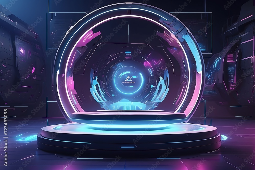 Poster futuristic realistic cylinder pedestal podium in sci-fi abstract room with illuminate circle neon la