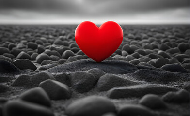 Fototapeta premium Red heart standing out in a sea of grey, surrounded by a sharply contrasting black and white world, focus on heart. Generative AI