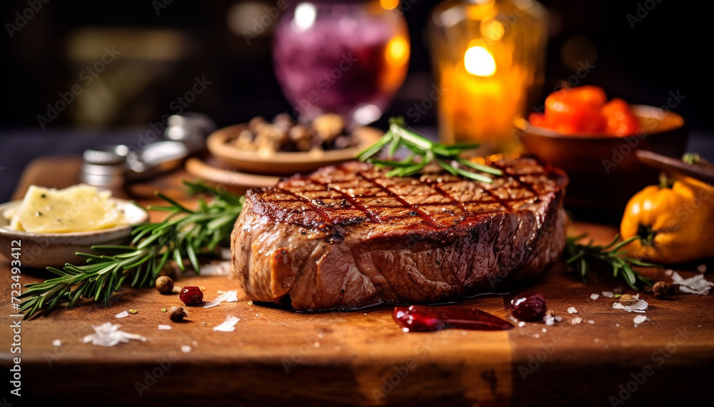 Canvas Prints grilled steak on wood, close up, a gourmet meal generated by ai