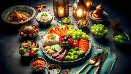 Delicious food for breaking the Ramadan fast on the table at night. seamless looping 4K virtual video animation background