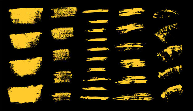 Chalk strokes. Set of yellow hand drawn strokes different forms on black background. Rough ink strokes. Vector horizontal chalk lines drawn by hand. Collection of vector grunge brushes..