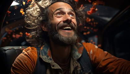 Obraz premium A cheerful man with a beard enjoys a winter adventure generated by AI