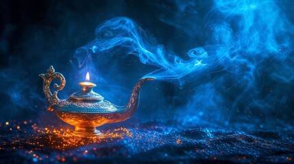 Magical mysterious aladdin lamp on dark background - obrazy, fototapety, plakaty