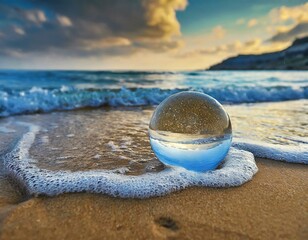 Fototapeta na wymiar 砂浜に置かれた水晶の玉
