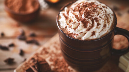 Hot chocolate with whipped cream and cocoa powder on a wooden background.