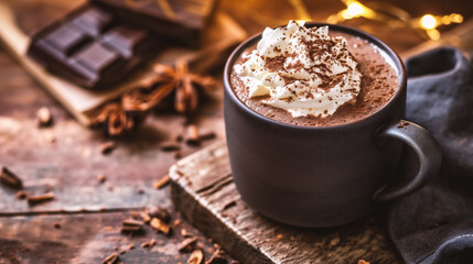 Hot chocolate with whipped cream and cocoa powder on a wooden background.