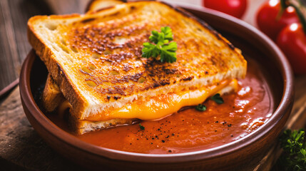 Tomato soup with toasted bread on wooden table, closeup