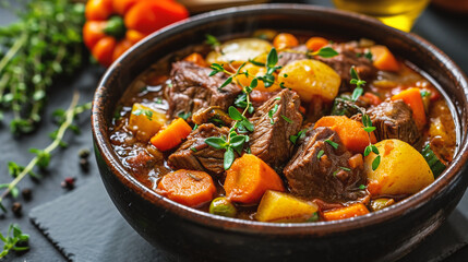 Beef Bourguignon stew with potatoes, carrots and herbs - obrazy, fototapety, plakaty