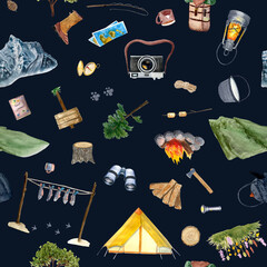 Watercolor adventure camping seamless multidirectional pattern on darn blue background - obrazy, fototapety, plakaty