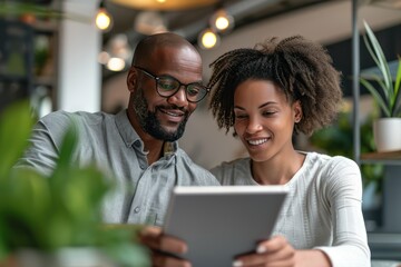 Office workers on tablets, a smiling businesswoman and a businessman, a couple working together on a sofa, people using digital technology in a comfortable home office setting
