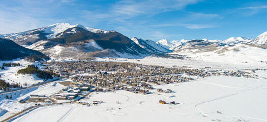 Crested Butte Winter Aerial Panorama - obrazy, fototapety, plakaty