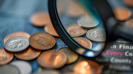 A magnifying glass zooming in on a stack of coins, emphasizing the importance of paying attention to the details in financial management - obrazy, fototapety, plakaty
