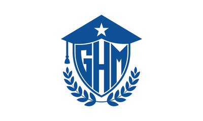 GHM three letter iconic academic logo design vector template. monogram, abstract, school, college, university, graduation cap symbol logo, shield, model, institute, educational, coaching canter, tech