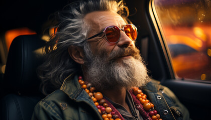 Obraz premium Confident senior man driving car, enjoying road trip adventure generated by AI