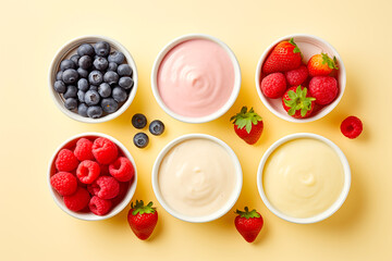 Healthy mix berries fruits, plain yogurt and strawberry yogurt variation organic food breakfast cereal clean eating selection on pastel yellow background. colorful fruits top view flat lay