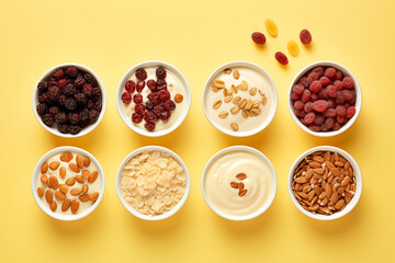 Healthy mix dried berries fruits, grains, nuts and yogurt variation organic food breakfast cereal clean eating selection on pastel yellow background. colorful fruits top view flat lay