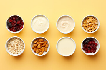 Healthy mix dried berries fruits, grains, nuts and yogurt variation organic food breakfast cereal on pastel yellow background. raspberry, strawberry, blackcurrant, oat meal, almond, top view flat lay
