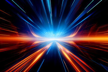 Light motion. Speed motion on the neon glowing road at dark. Speed motion. Colored light streaks acceleration. Abstract illustration. Blue and orange-yellow motion streaks. Space Gates.