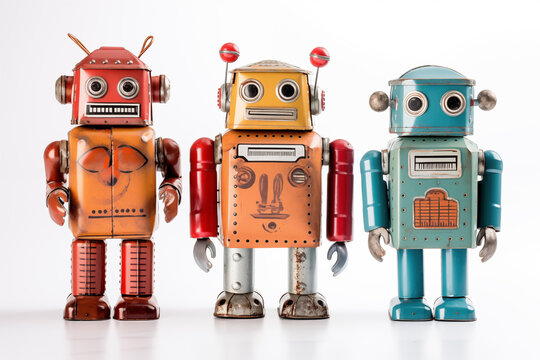 Set of Vintage toy robots in red and white, isolated on a white background, evoking childhood nostalgia and futuristic technology