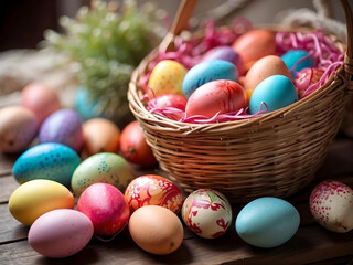 Fototapeta na wymiar straw basket with colorful easter eggs. Easter eggs with details and cheerful colors.